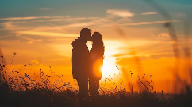 Una pareja besándose al atardecer.