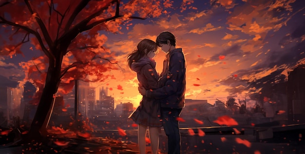 pareja besándose en el atardecer pareja besándose En la puesta de sol parejas Anime Scenic Healing