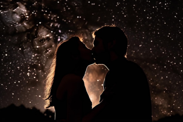 Una pareja besándose bajo un cielo estrellado