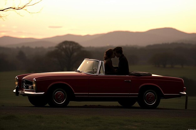 Foto una pareja besándose en un coche con montañas en el fondo