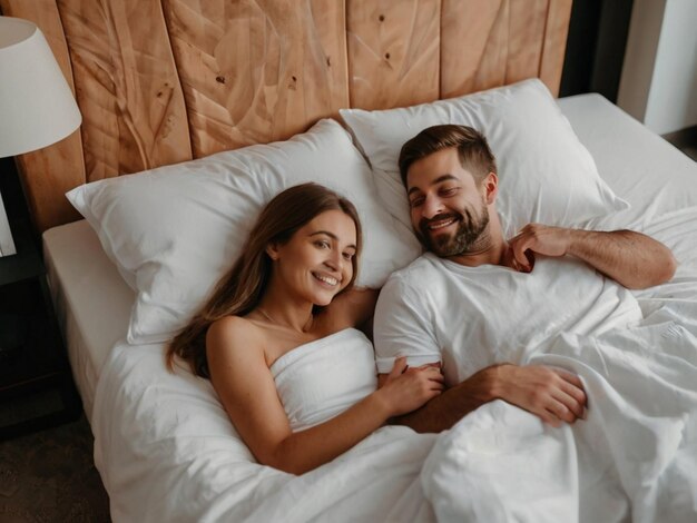 Una pareja besándose en el dormitorio.