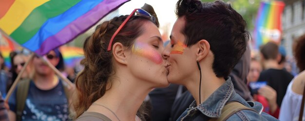 Foto una pareja besándose frente a un paraguas de colores