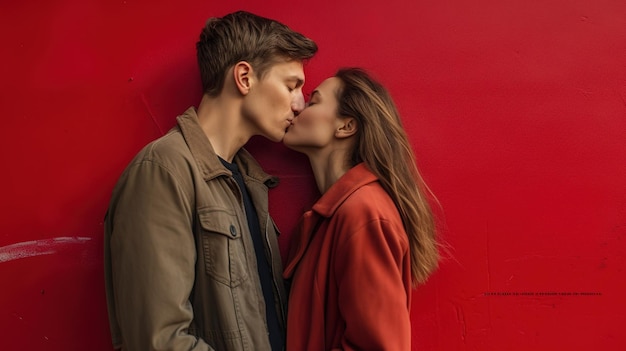 Una pareja besándose frente a una pared roja.