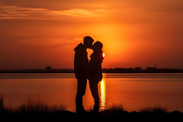 Una pareja besándose frente a una puesta de sol.