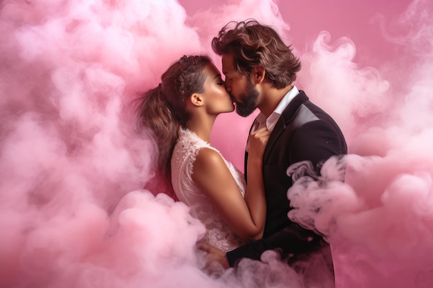 Una pareja besándose en humo rosa.