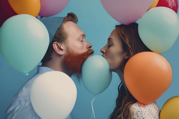 Pareja besándose con muchos globos de colores