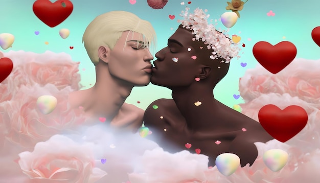 Una pareja besándose en una nube con corazones y flores.