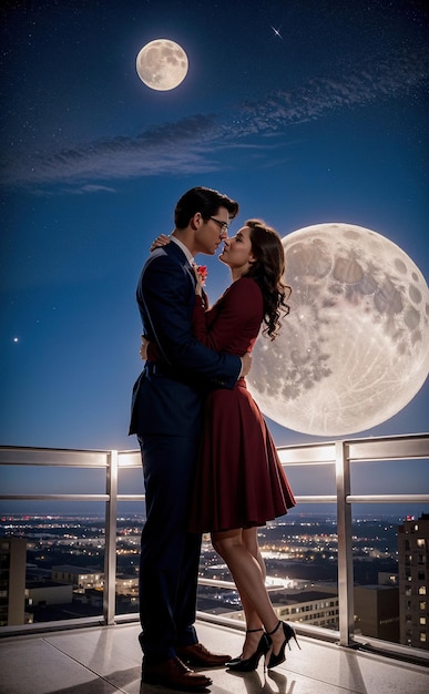 una pareja besándose en la parte superior de un edificio con la luna en el fondo