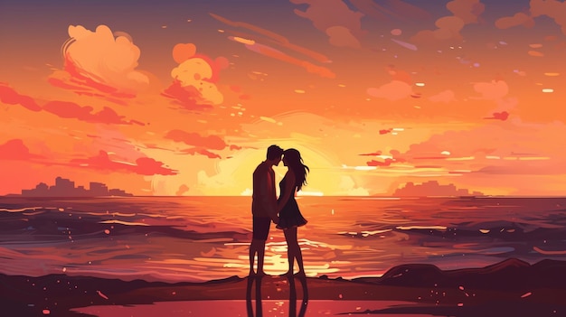 Foto una pareja besándose en la playa al atardecer.