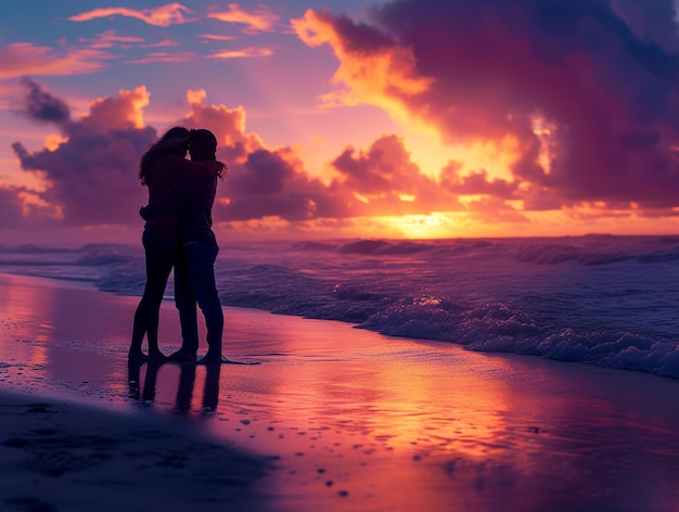 una pareja besándose en la playa con la puesta de sol en el fondo