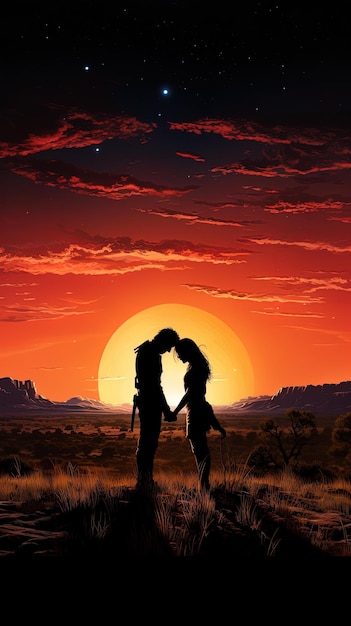 una pareja besándose bajo una puesta de sol con el sol detrás de ellos