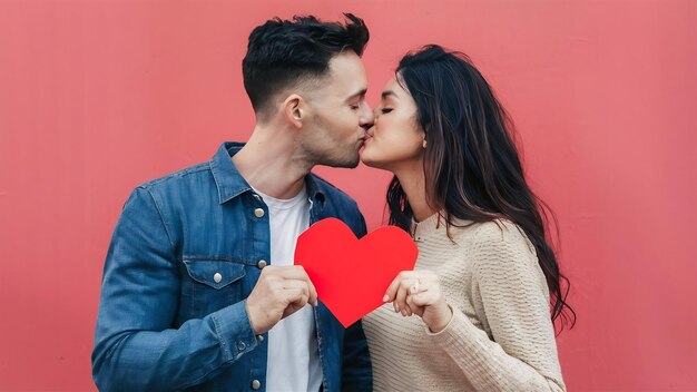 Una pareja besándose y sosteniendo el corazón