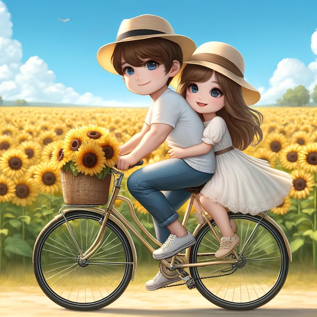 una pareja en bicicleta juntos a través de un vibrante campo de girasol bajo un cielo soleado brillante