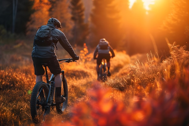 Una pareja en bicicleta a través del bosque