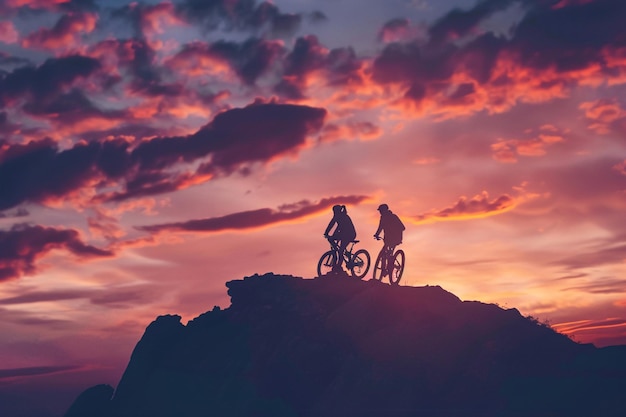 pareja en bicicletas en la montaña con una hermosa vista