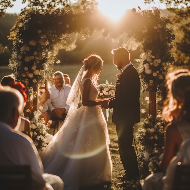 La pareja de bodas abraza las montañas a la luz del sol hermosa novia en una boda de moda generativa Ai