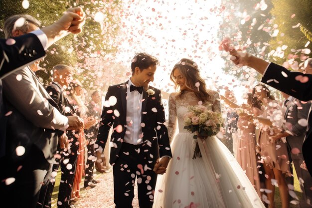 Foto una pareja de bodas bailando en el parque con confeti en su día de bodas una pareja saliendo de su ceremonia de bodas bañada con pétalos de flores generada por ia