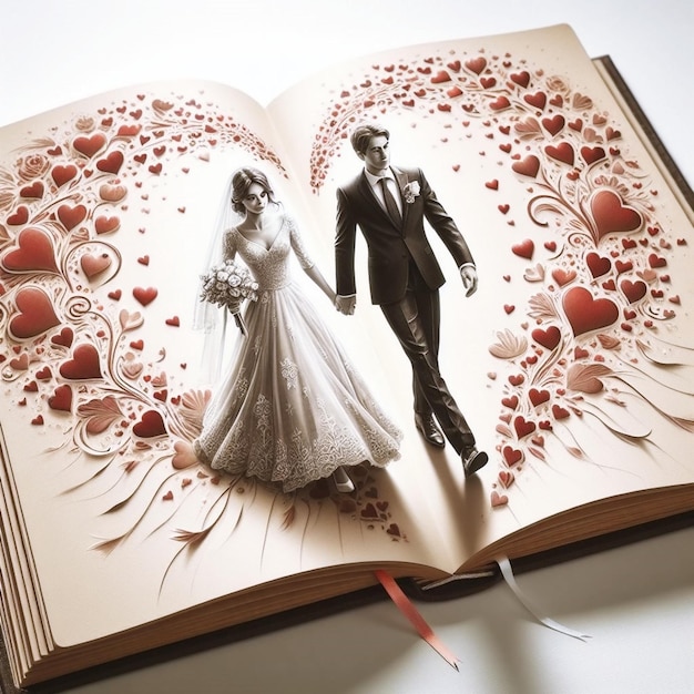 pareja de bodas caminando en el libro del amor