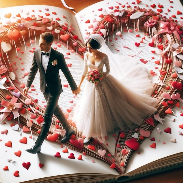 pareja de bodas caminando en el libro del amor