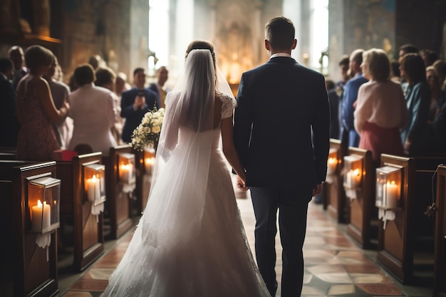 Pareja de bodas enamorada retrospectiva caminando por la iglesia novia novio