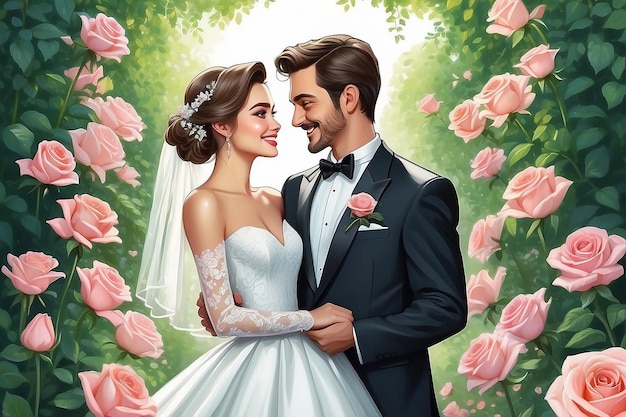 Pareja de bodas hombre usa esmoquin y mujer se miran el uno al otro sonrisa feliz jardín de rosas románticas