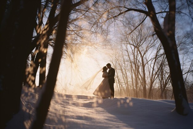 La pareja de bodas de invierno, la novia y el novio en su día de bodas en invierno.