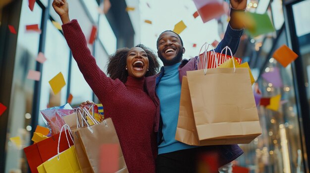 una pareja con bolsas de compras y un hombre sosteniendo una bolsa de compras