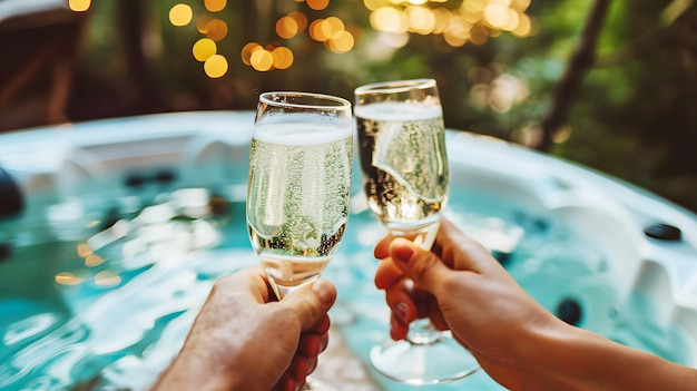 Foto una pareja brindando con champagne en un jacuzzi