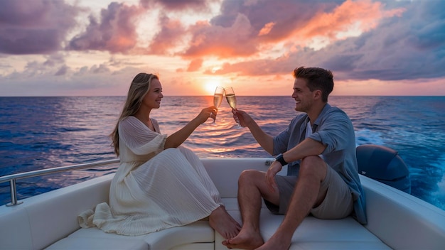 una pareja brindando con champán en un barco durante una puesta de sol
