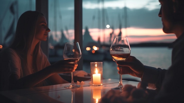 Una pareja brindando con copas de vino en un restaurante.