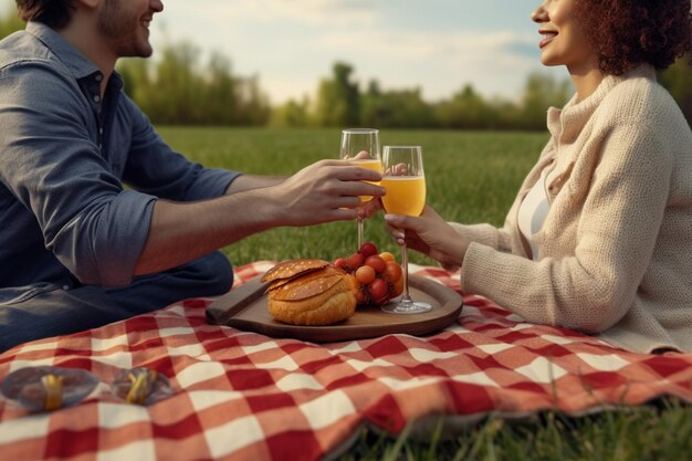 Una pareja brindando en una manta de picnic