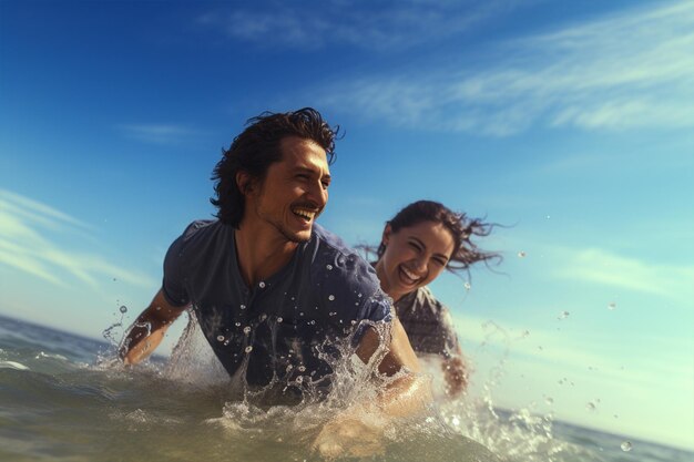 pareja bromeando con el agua en el mar generada por la IA