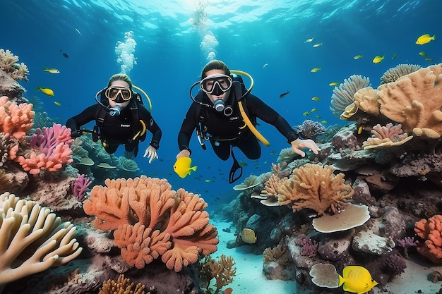 Una pareja de buzos en un arrecife de coral