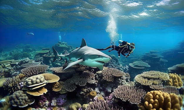 Pareja de buzos explorando el arrecife con un tiburón