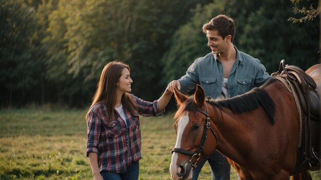 Una pareja con un caballo en el atardecer del campo