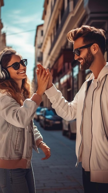 una pareja en la calle con auriculares y un hombre con gafas de sol