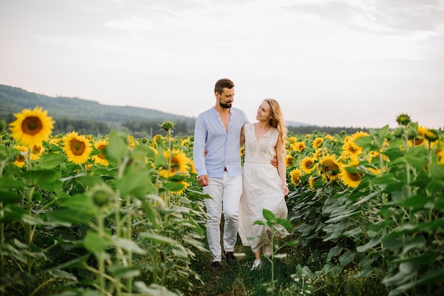 Pareja camina en los girasoles en un campo en un día de verano