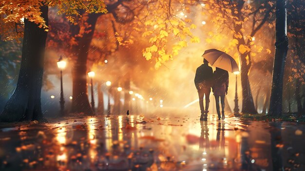 Una pareja camina bajo la lluvia el hombre sostiene un paraguas la mujer lleva un sombrero las hojas de los árboles se están volviendo marrones y naranjas