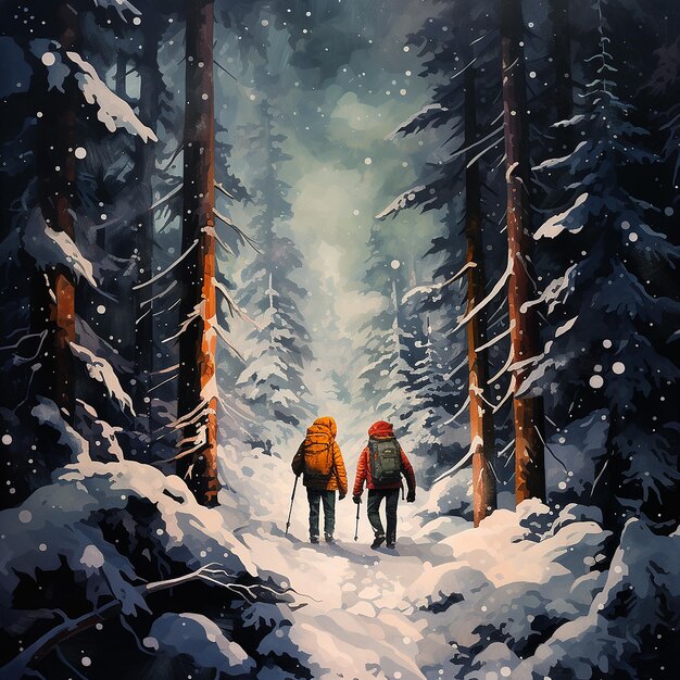 Una pareja camina hacia la luz por la noche a través de un bosque de montaña nevado
