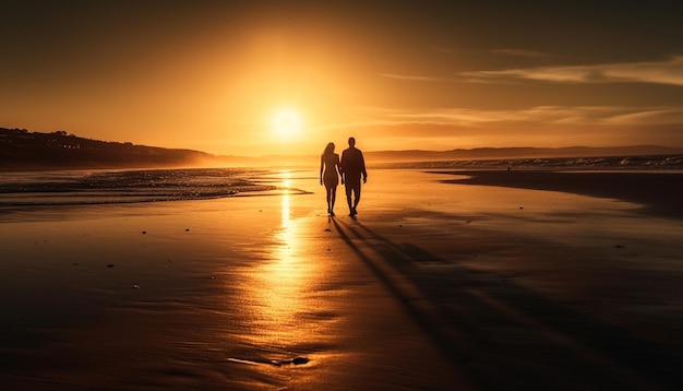 Una pareja camina de la mano abrazando el amor en vacaciones generado por IA