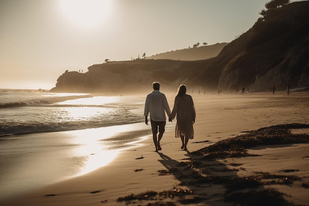 Una pareja camina de la mano por la playa