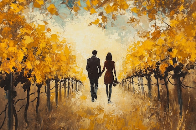 Una pareja camina de la mano por un viñedo adornado con vibrantes hojas de otoño durante una puesta de sol dorada