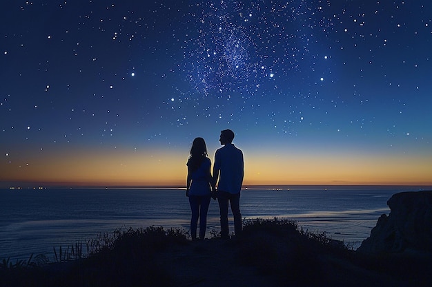 Una pareja camina por la noche siluetas de amantes y la Vía Láctea en el cielo estrellado