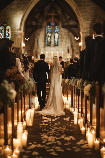 Una pareja camina por el pasillo de una iglesia iluminada por velas rodeada de sus seres queridos