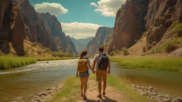 Una pareja camina por un sendero con el río al fondo.