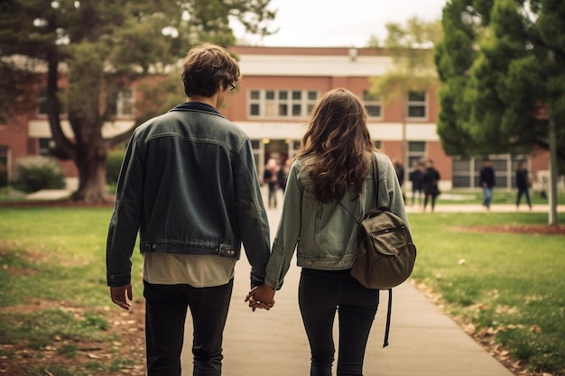 Una pareja caminando por una acera tomados de la mano.