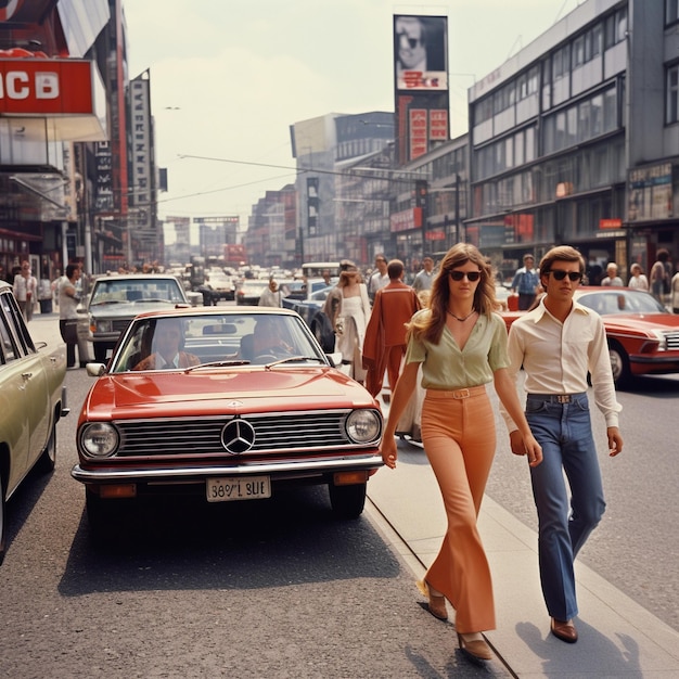 una pareja caminando por la calle con un coche que dice Mercedes en el frente.