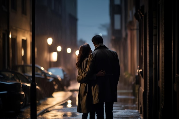 Pareja caminando en la calle por la noche Hermosa imagen ilustrativa AI generativa