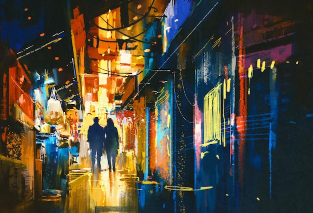 pareja caminando en el callejón con luces de colores, pintura digital