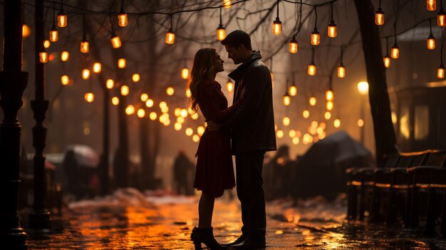 Una pareja caminando por un callejón con luces nocturnas.